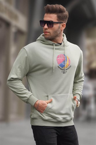 Mint Yeşili Kabartma Baskılı Kapüşonlu Sweatshirt 6042