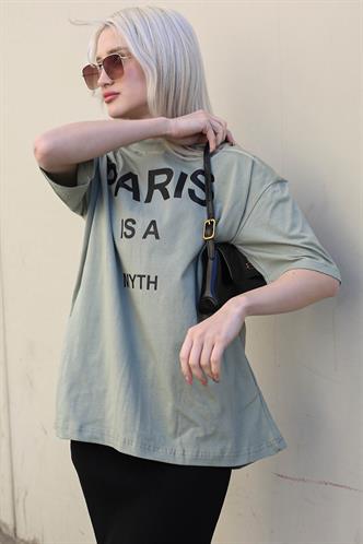 Mint Yeşili Paris Baskılı Kadın Tişört MG1654