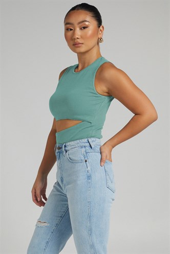 Mint Yeşili Yırtık Detaylı Basic Bodysuit