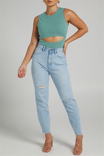 Mint Yeşili Yırtık Detaylı Basic Bodysuit