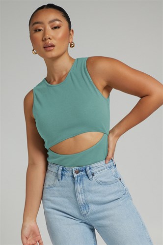 Mint Yeşili Yırtık Detaylı Basic Bodysuit