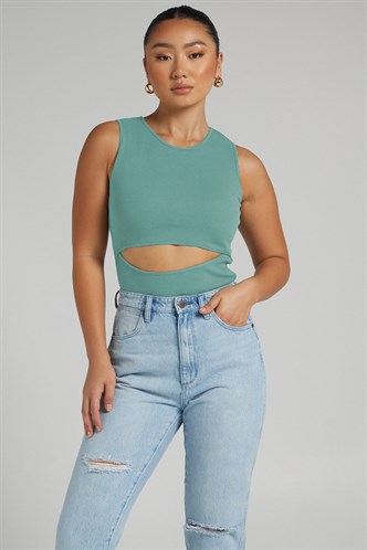 Mint Yeşili Yırtık Detaylı Basic Bodysuit