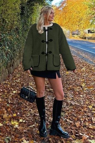 Haki Düğmeli Peluş Kadın Mont Mg2531