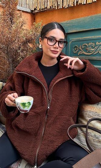 Acı Kahverengi Dik Yakalı Cepli Peluş Mont MG1966