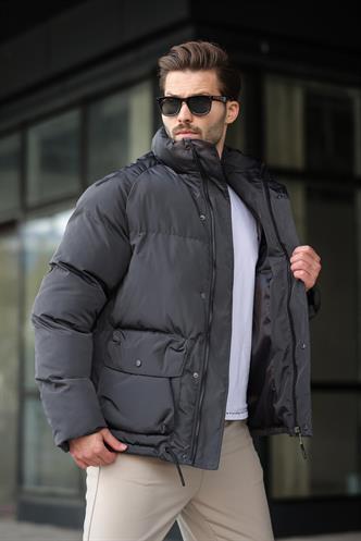 Antrasit Fermuarlı Çıt Kapamalı Şişme Erkek Mont E7436