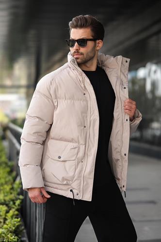 Bej Fermuarlı Çıt Kapamalı Şişme Erkek Mont E7436