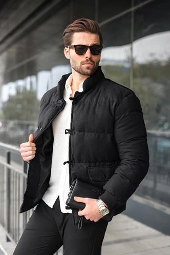 Siyah Düğmeli Dik Yaka Erkek Şişme Mont E7435