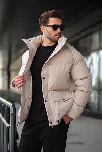 Bej Fermuarlı Çıt Kapamalı Şişme Erkek Mont E7436