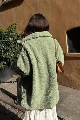 Mint Yeşili Dik Yakalı Cepli Peluş Mont MG1966