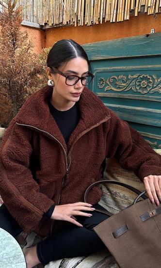 Acı Kahverengi Dik Yakalı Cepli Peluş Mont MG1966