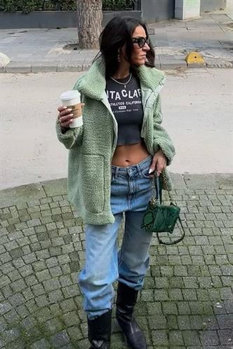 Mint Yeşili Dik Yakalı Cepli Peluş Mont MG1966