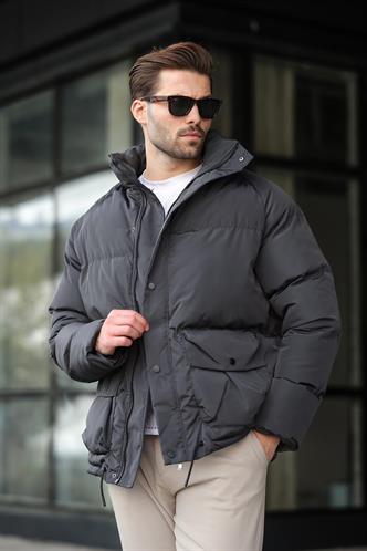 Antrasit Fermuarlı Çıt Kapamalı Şişme Erkek Mont E7436