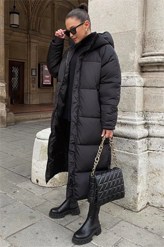 Mad Girls Koyu Siyah Uzun Şişme Mont MG1303