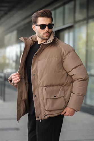 Kahverengi Fermuarlı Çıt Kapamalı Şişme Erkek Mont E7436