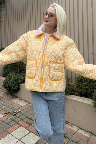 Sarı Pötikareli Cepli Kadın Mont Mg2488