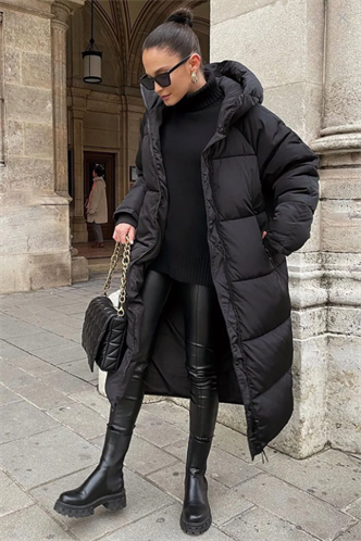 Mad Girls Koyu Siyah Uzun Şişme Mont MG1303