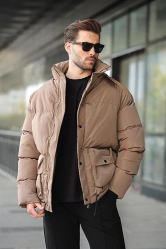 Kahverengi Fermuarlı Çıt Kapamalı Şişme Erkek Mont E7436