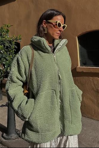 Mint Yeşili Dik Yakalı Cepli Peluş Mont MG1966