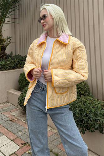 Sarı Pötikareli Cepli Kadın Mont Mg2488