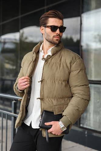 Haki Düğmeli Dik Yaka Erkek Şişme Mont E7435