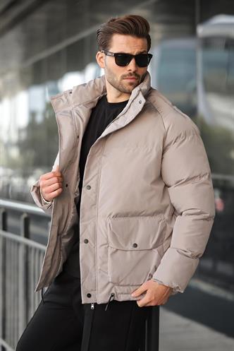 Taş Rengi Fermuarlı Çıt Kapamalı Şişme Erkek Mont E7436