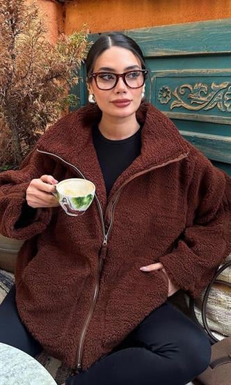 Acı Kahverengi Dik Yakalı Cepli Peluş Mont MG1966