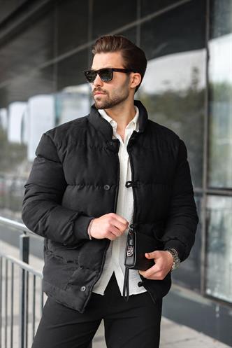 Siyah Düğmeli Dik Yaka Erkek Şişme Mont E7435