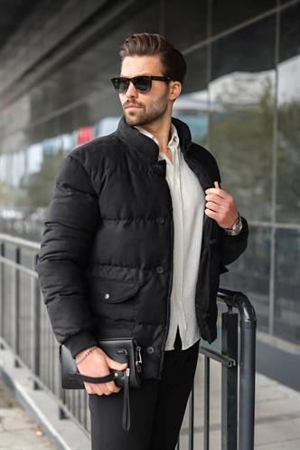 Siyah Düğmeli Dik Yaka Erkek Şişme Mont E7435