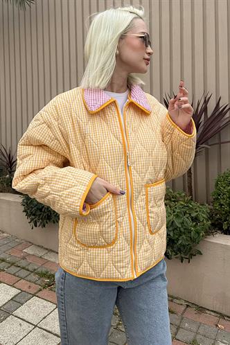 Sarı Pötikareli Cepli Kadın Mont Mg2488