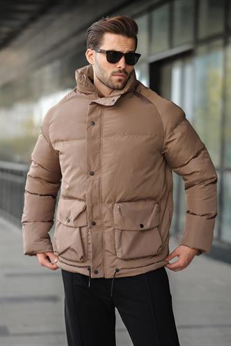 Kahverengi Fermuarlı Çıt Kapamalı Şişme Erkek Mont E7436