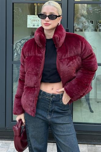 Bordo Dik Yaka Kadın Kürklü Mont MG2259