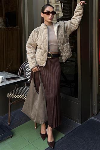 Bej Dik Yaka Kapitone Kadın Mont MG2568