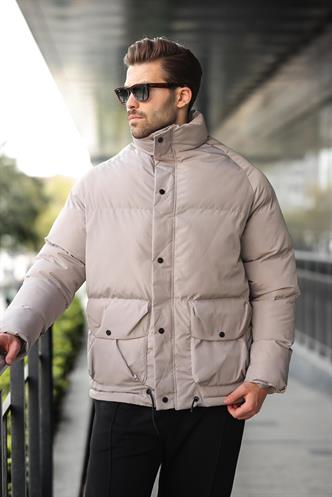 Taş Rengi Fermuarlı Çıt Kapamalı Şişme Erkek Mont E7436