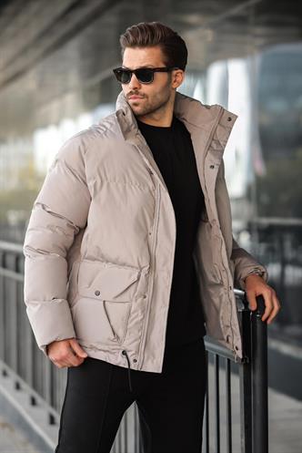 Taş Rengi Fermuarlı Çıt Kapamalı Şişme Erkek Mont E7436