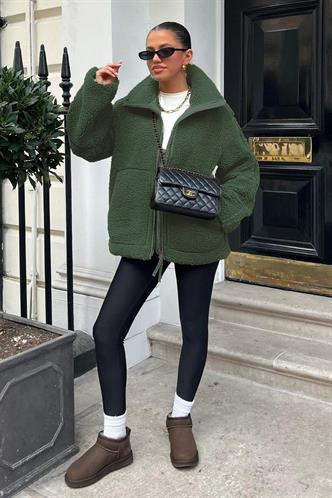 Haki Dik Yakalı Cepli Peluş Mont MG1966