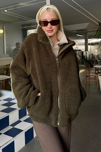 Haki Cepli Kadın Peluş Mont Mg2530