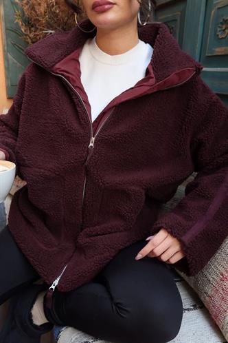 Bordo Dik Yakalı Cepli Peluş Mont MG1966