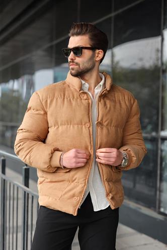 Camel Düğmeli Dik Yaka Erkek Şişme Mont E7435