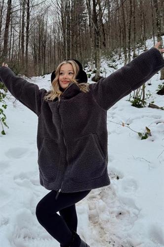 Füme Dik Yakalı Cepli Peluş Mont MG1966