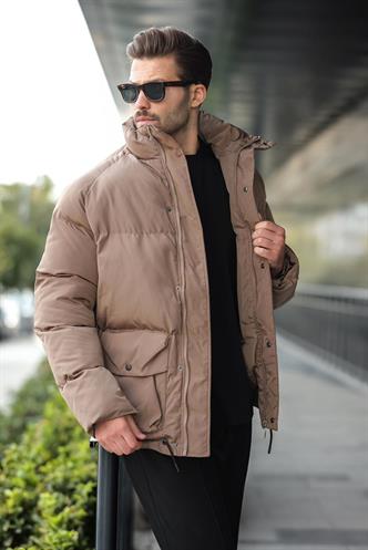 Kahverengi Fermuarlı Çıt Kapamalı Şişme Erkek Mont E7436