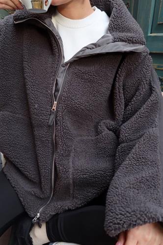 Füme Dik Yakalı Cepli Peluş Mont MG1966