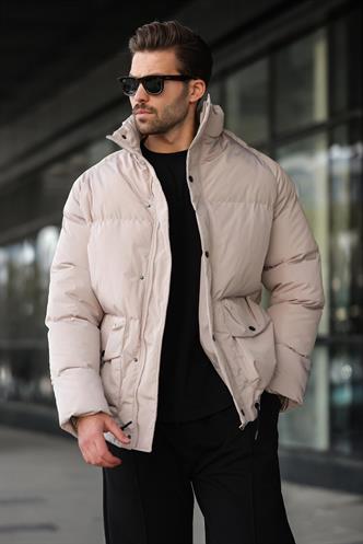 Bej Fermuarlı Çıt Kapamalı Şişme Erkek Mont E7436