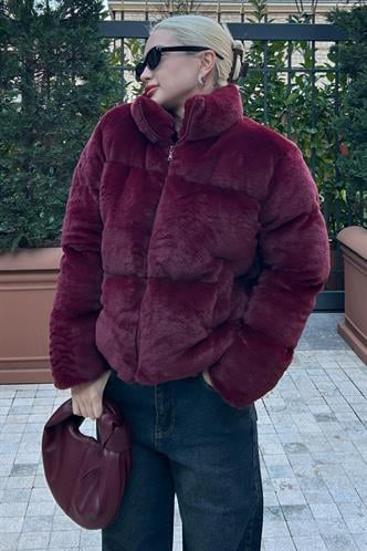 Bordo Dik Yaka Kadın Kürklü Mont MG2259