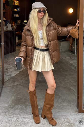Kahverengi Basic Oversize Kadın Şişme Mont MG1582