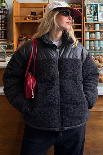 Siyah Peluş Oversize Mont MG1371