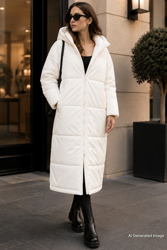 Mad Girls Ekru Uzun Şişme Mont MG1303