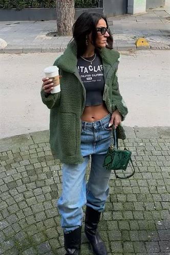 Haki Dik Yakalı Cepli Peluş Mont MG1966