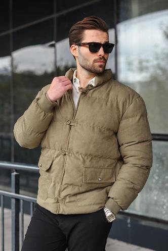 Haki Düğmeli Dik Yaka Erkek Şişme Mont E7435
