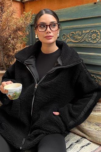 Siyah Dik Yakalı Cepli Peluş Mont MG1966