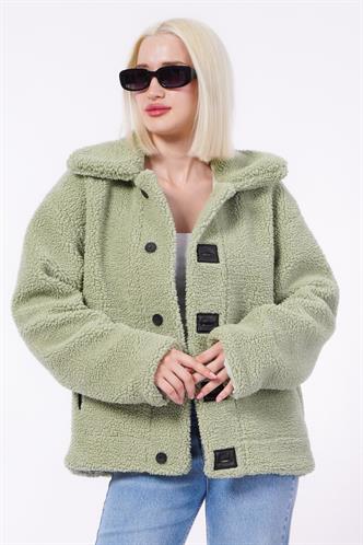 Yeşil Deri Detaylı Kadın Peluş Mont Mg2485
